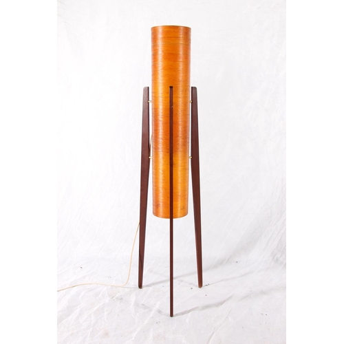 394 - Mid century teak framed rocket floor lamp in the manner of Novoplast, the circular orange fibreglass... 