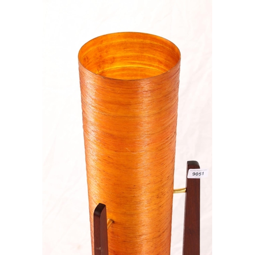 394 - Mid century teak framed rocket floor lamp in the manner of Novoplast, the circular orange fibreglass... 