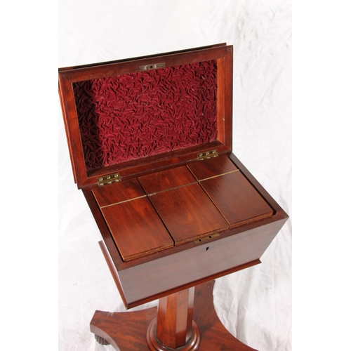 397 - Regency period mahogany tea poy, of sarcophagus shape with three fitted compartments, on fluted tape... 