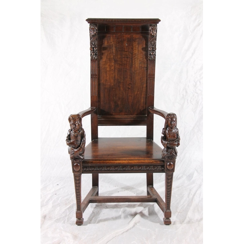 400 - 19thC continental high back chair, the plain panel back framed by figural pilasters, over a plain se... 