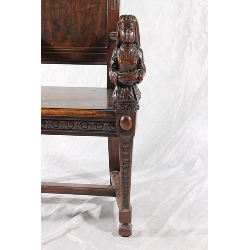 400 - 19thC continental high back chair, the plain panel back framed by figural pilasters, over a plain se... 