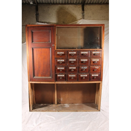 401 - Early 20thC apothecary chemists bank of drawers with original labels, later set into a mahogany and ... 