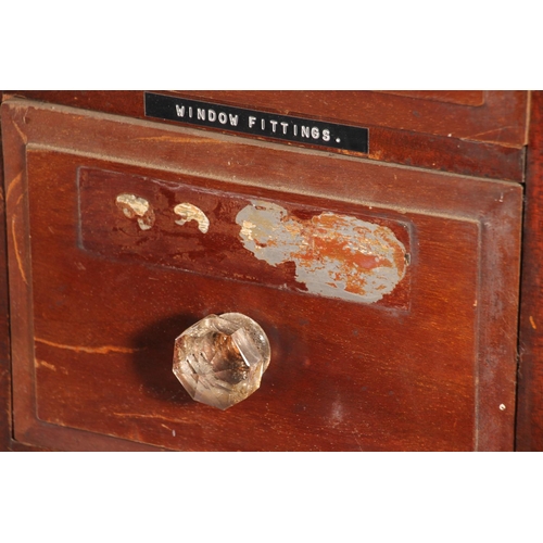 401 - Early 20thC apothecary chemists bank of drawers with original labels, later set into a mahogany and ... 