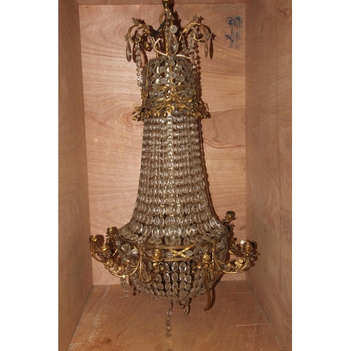 403 - French Empire style cut glass crystal and ormolu framed chandelier, of a waterfall tent and bag cons... 