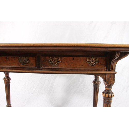 405 - Victorian ladies writing table, the walnut frame around a tooled leather skiver over two frieze draw... 