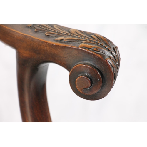 406 - Victorian Chippendale style mahogany low elbow chair, having a pierced and carved splat, scrolled ar... 