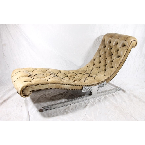 408 - Art Deco modernist Chaise Longue lounger, the curved button back leather rest raised on an aluminium... 