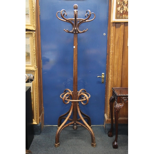 346 - Early 20thC bentwood coat and hat stand, ribbed ball finial over shaped hooks, shaped column leading... 