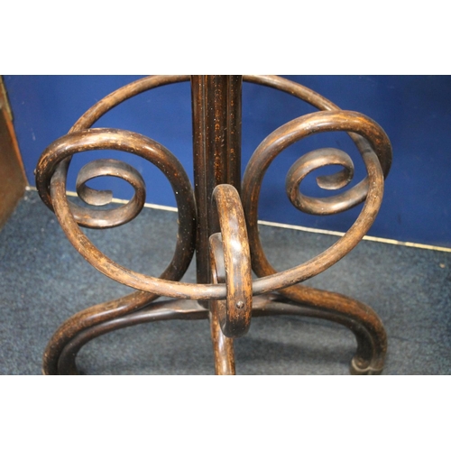 348 - Early 20thC bentwood coat and hat stand, ribbed finial over shaped hooks, shaped column leading to d... 