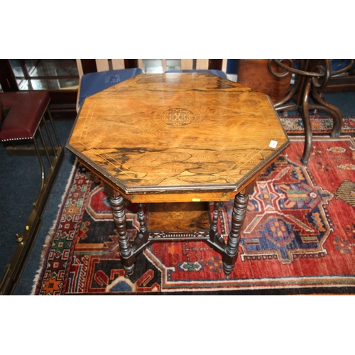 351 - Edwardian inlaid occasional table, the octagonal top over spindle supports and galleried stretcher u... 