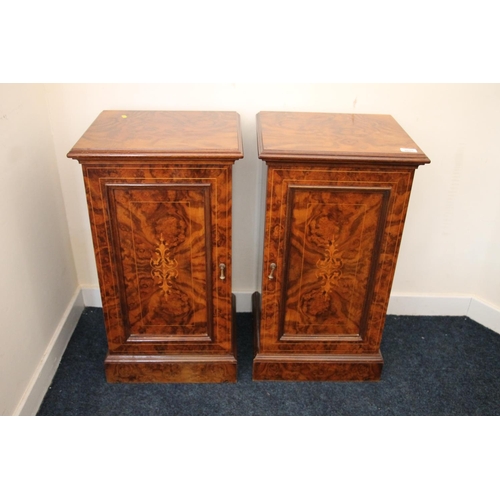 368 - Pair of burr walnut side cabinets, the moulded tops above a single boxwood banded and inlaid marquet... 