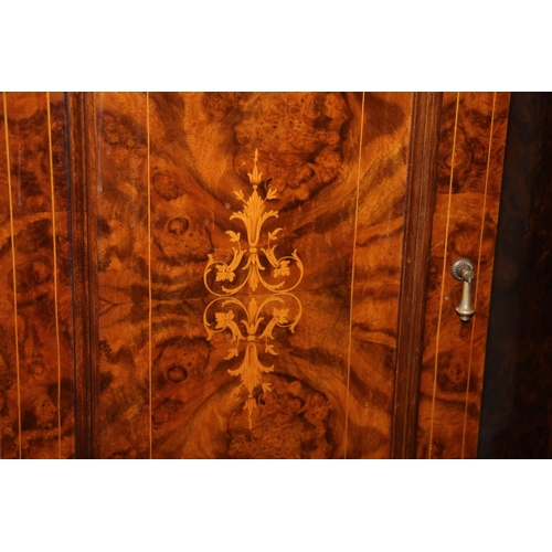 368 - Pair of burr walnut side cabinets, the moulded tops above a single boxwood banded and inlaid marquet... 