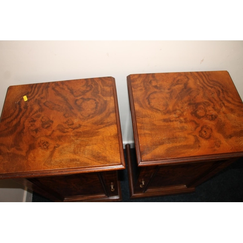 368 - Pair of burr walnut side cabinets, the moulded tops above a single boxwood banded and inlaid marquet... 