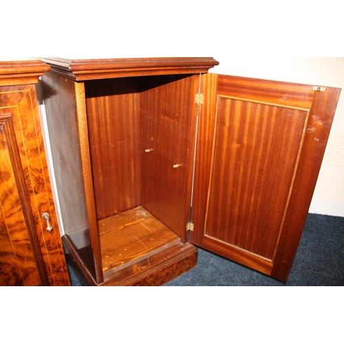 368 - Pair of burr walnut side cabinets, the moulded tops above a single boxwood banded and inlaid marquet... 