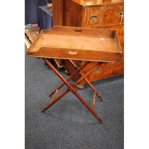 414 - Victorian mahogany butlers tray on folding X frame turned stand, W76cm x H83cm x D52cm.