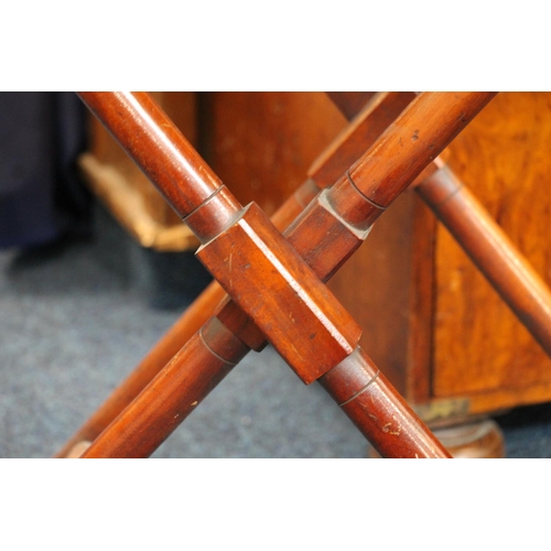 414 - Victorian mahogany butlers tray on folding X frame turned stand, W76cm x H83cm x D52cm.