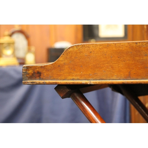 414 - Victorian mahogany butlers tray on folding X frame turned stand, W76cm x H83cm x D52cm.