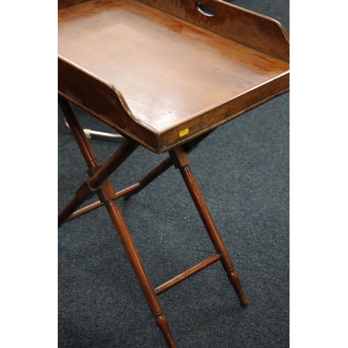 414 - Victorian mahogany butlers tray on folding X frame turned stand, W76cm x H83cm x D52cm.