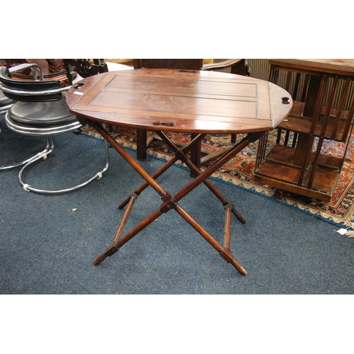 415 - Victorian mahogany butlers tray with drop down sides, on folding X frame turned stand, W93cm x H88cm... 