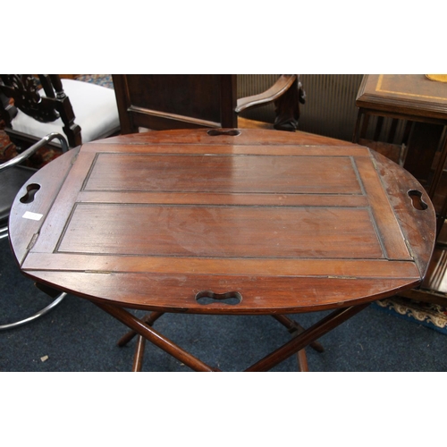 415 - Victorian mahogany butlers tray with drop down sides, on folding X frame turned stand, W93cm x H88cm... 