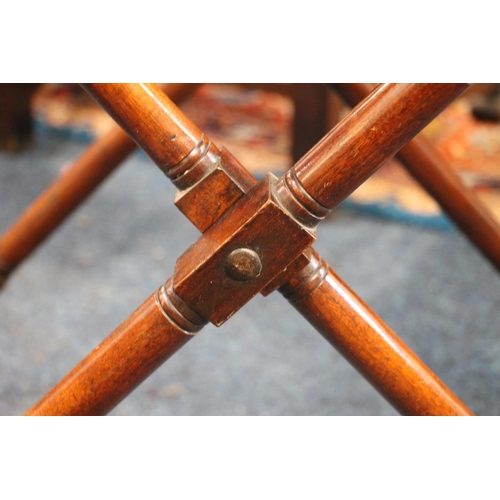 415 - Victorian mahogany butlers tray with drop down sides, on folding X frame turned stand, W93cm x H88cm... 