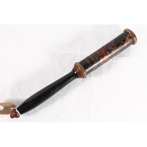 1442 - Victorian tipstaff truncheon, the body with hand painted crown and VR cypher, 35cm long.