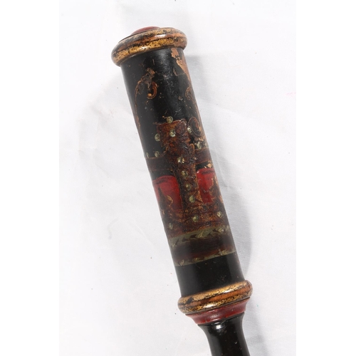 1442 - Victorian tipstaff truncheon, the body with hand painted crown and VR cypher, 35cm long.