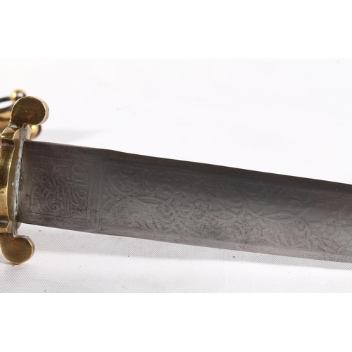 1446 - Islamic dagger, the double-edged isosceles shaped blade with etched floral deigns, the ricasso with ... 