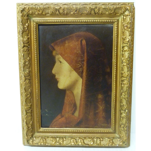 432 - French School After Jean Jacques Henner (1829 - 1905)Woman in a red head dressBears signature, oil o... 