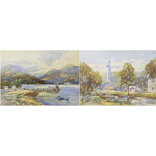 438 - AR Watson (Scottish, fl. 1923 - 1939)Loch scene with boats in the foreground and rolling hills in th... 