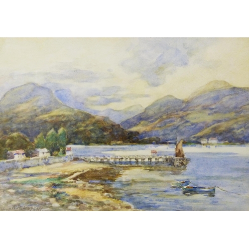 438 - AR Watson (Scottish, fl. 1923 - 1939)Loch scene with boats in the foreground and rolling hills in th... 