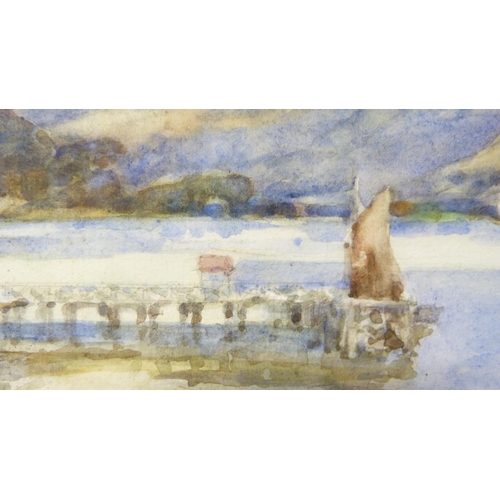 438 - AR Watson (Scottish, fl. 1923 - 1939)Loch scene with boats in the foreground and rolling hills in th... 