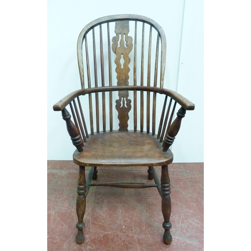 508 - 19th century ash and elm Windsor chair with hoop stick back, central pierced splat, on turned suppor... 