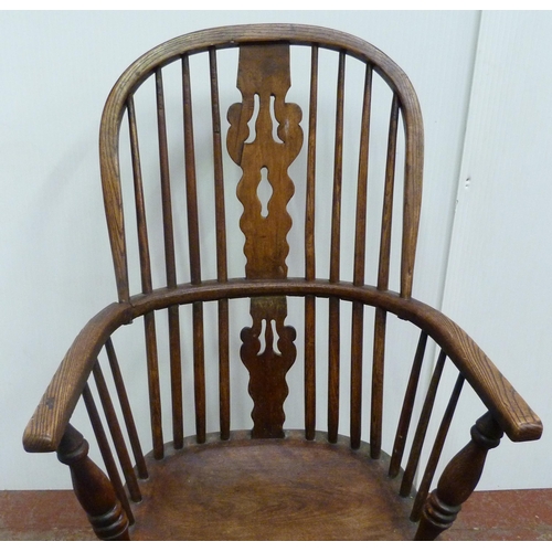 508 - 19th century ash and elm Windsor chair with hoop stick back, central pierced splat, on turned suppor... 