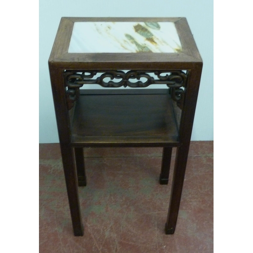 510 - Chinese hongmu plant stand with marble inset top above scroll frieze and open tier to the centre, 81... 