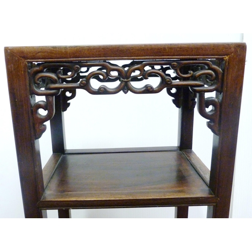 510 - Chinese hongmu plant stand with marble inset top above scroll frieze and open tier to the centre, 81... 