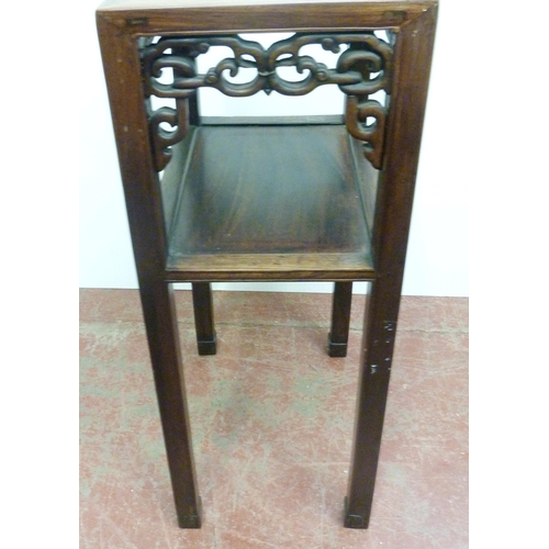 510 - Chinese hongmu plant stand with marble inset top above scroll frieze and open tier to the centre, 81... 