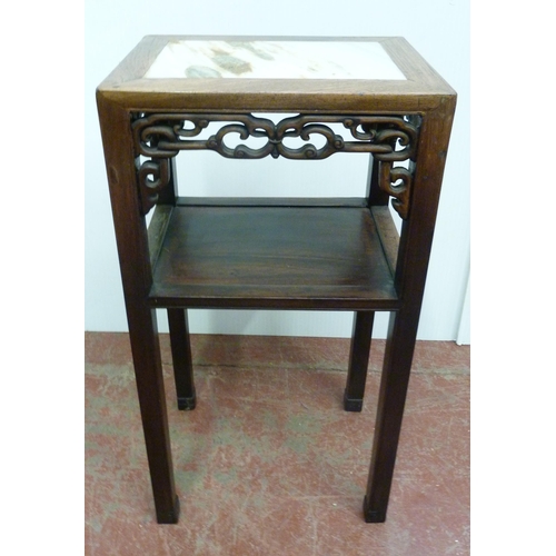 510 - Chinese hongmu plant stand with marble inset top above scroll frieze and open tier to the centre, 81... 