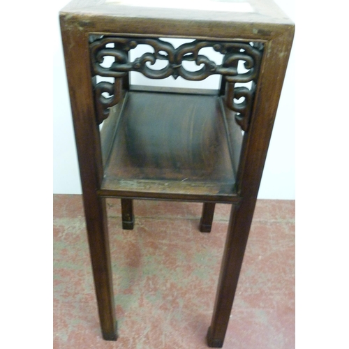 510 - Chinese hongmu plant stand with marble inset top above scroll frieze and open tier to the centre, 81... 