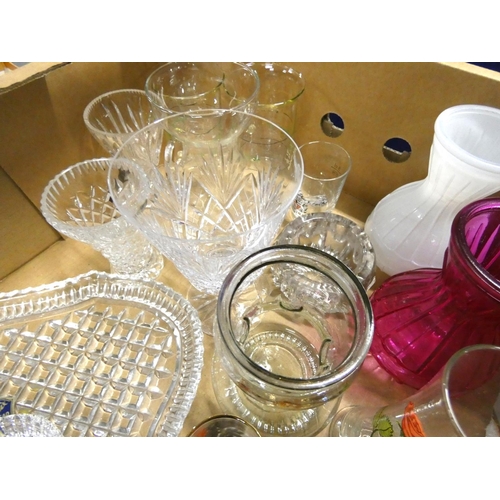 106A - Large box of various glassware to include posy vases and Vintage Bush video recorder and accessories... 