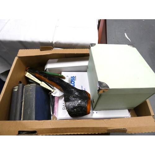 107A - Box of kitchenalia to include a mixer, blender, pestle & mortar, books etc.