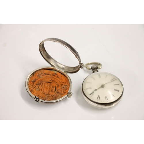 186 - William IV period silver pair cased pocket watch, the white enamel dial with cathedral hands between... 