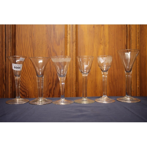 307 - Six Georgian plain stem wine glasses, c1760 to 1780s, of various shapes, max H17cm.