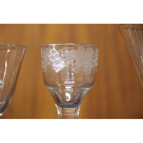 307 - Six Georgian plain stem wine glasses, c1760 to 1780s, of various shapes, max H17cm.