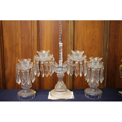 313 - Waterford Crystal candelabra lustre garniture set, the centrepiece with scalloped tapering spike wit... 