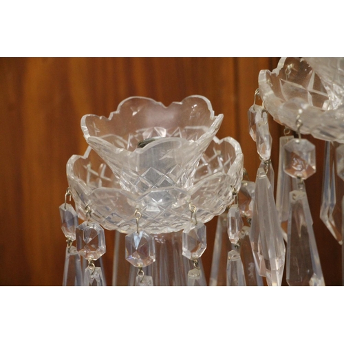 313 - Waterford Crystal candelabra lustre garniture set, the centrepiece with scalloped tapering spike wit... 