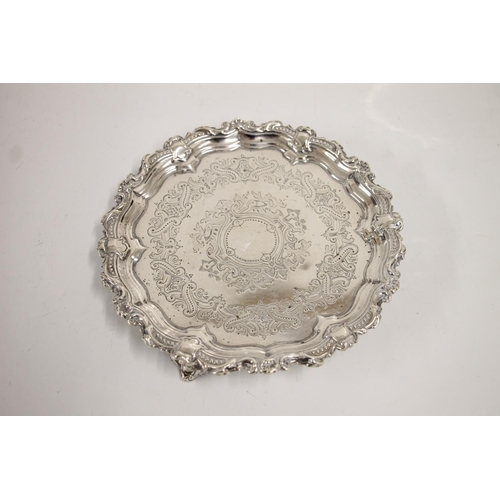 80A - Victorian small silver salver, with moulded scroll, shell and bead border, scrolled foliate engraved... 