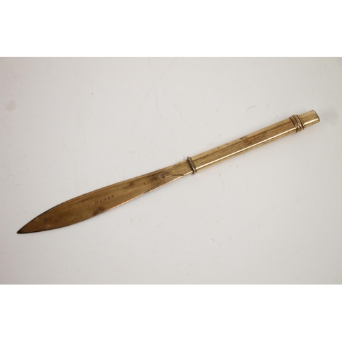 86 - 9ct gold hallmarked letter opener with removeable pencil terminal, London 1928, the handle engraved ... 