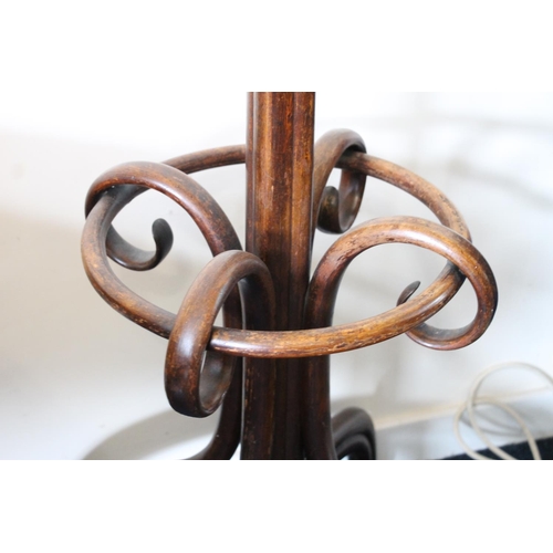 347 - Early 20thC bentwood coat and hat stand, ribbed finial over shaped hooks, shaped column leading to d... 