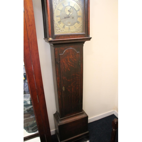 350 - Scottish oak cased long case clock, the brass face for Kirkwood of Melrose, H219cm.